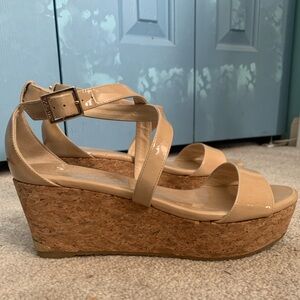 Jimmy Choo Beige Patent Portia 120 Cork Heel Wedges Size 38 EU